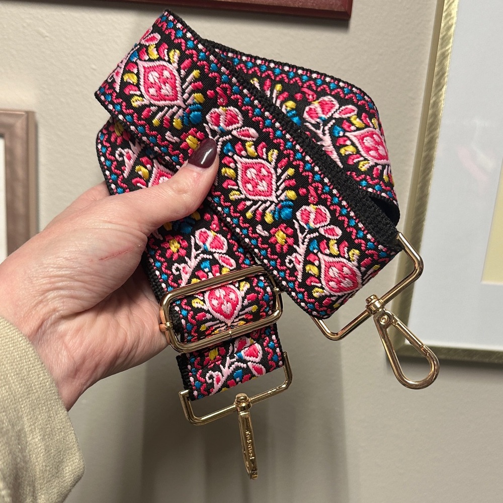 Ahdorned Interchangeable Embroidered Bag Strap in hot pink and black